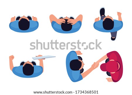 Man position flat vector illustrations set. Person moving forward. Man shake hands with deliveryman. Employee in blue shirt. Stressed driver. Male isolated cartoon one character top view kit