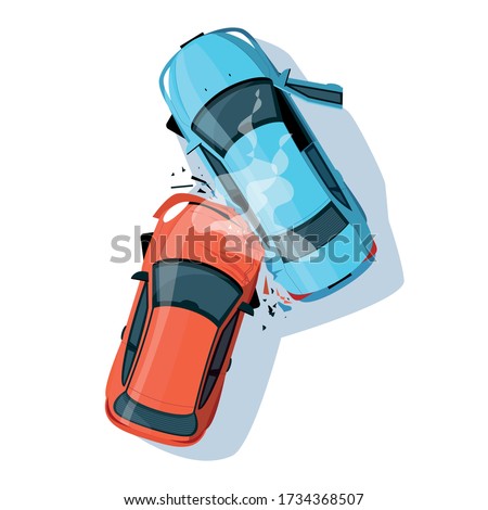 Car crash semi flat RGB color vector illustration. Road collisition. Road accident. Damaged transport. City drive disaster. Two smashed vehicles isolated cartoon objects top view on white background