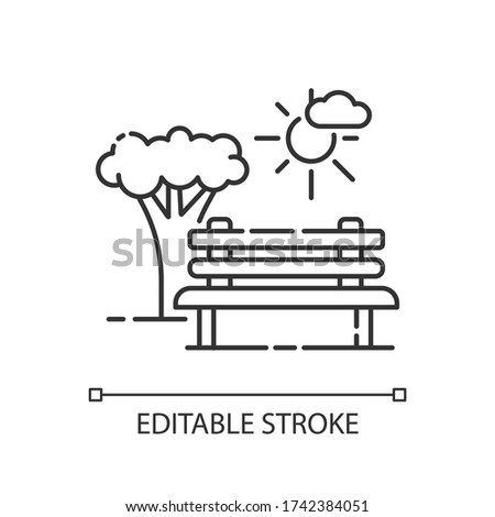 Open space pixel perfect linear icon. Public park with bench to sit. Urban ground for recreation. Thin line customizable illustration. Contour symbol. Vector isolated outline drawing. Editable stroke