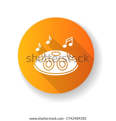 Handpan orange flat design long shadow glyph icon. Traditional musical instrument for meditation and relaxation. Perform in band with percussion tool. Silhouette RGB color illustration