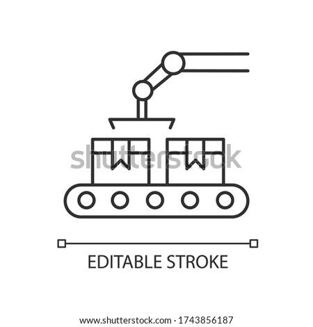 Production pixel perfect linear icon. Conveyor belt with cardboard boxes. Manufacture process. Thin line customizable illustration. Contour symbol. Vector isolated outline drawing. Editable stroke