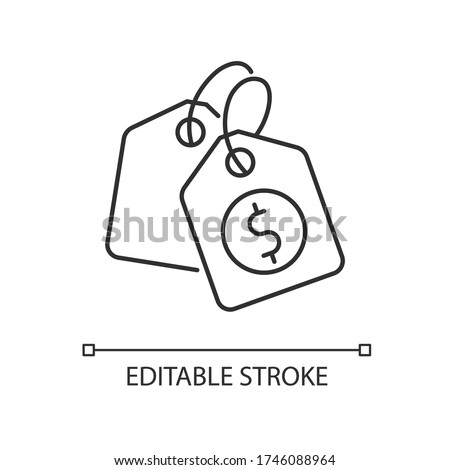 Price tag pixel perfect linear icon. Label for purchased merchandise. E commerce and distribution. Thin line customizable illustration. Contour symbol. Vector isolated outline drawing. Editable stroke