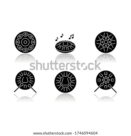 Ornamental handpan drop shadow black glyph icons set. Traditional musical instrument for relaxation beats. Play in band with steelpan percussion. Isolated vector illustrations on white space