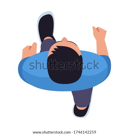Man walking forward semi flat RGB color vector illustration. Movement direction. Person in casual clothes. Student in blue shirt. Male isolated cartoon character top view on white background