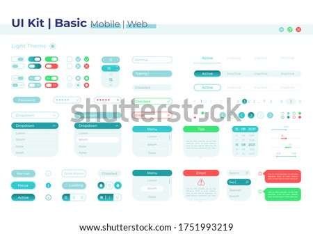 Control panel UI elements kit. Setting buttons. Basic isolated vector icon, bar and dashboard template. Web design widget collection for mobile application with light theme interface