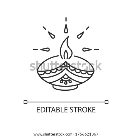 Diwali festival pixel perfect linear icon. Hindu festival of Lights. Traditional diya. Clay lamp. Thin line customizable illustration. Contour symbol. Vector isolated outline drawing. Editable stroke