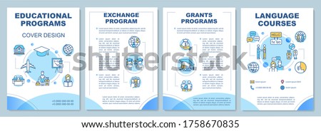 Educational program brochure template. Student exchange. Flyer, booklet, leaflet print, cover design with linear icons. Vector layouts for magazines, annual reports, advertising posters