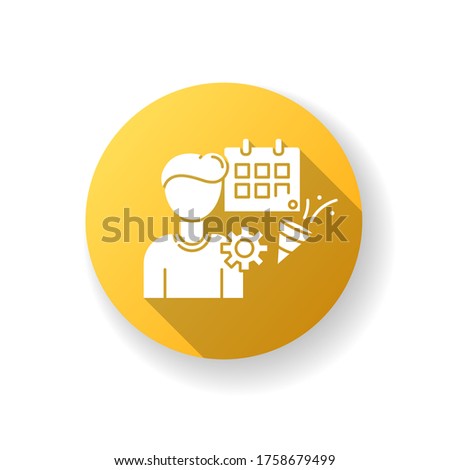 Event manager yellow flat design long shadow glyph icon. Party planning. Preparing for date. Worker organize corporate celebration. Arranging appointment. Silhouette RGB color illustration