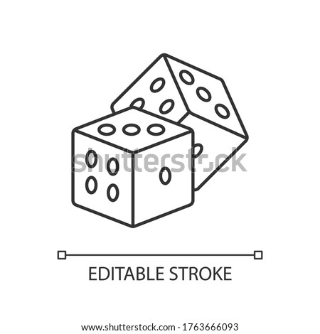 Dice games pixel perfect linear icon. Traditional board games, gambling thin line customizable illustration. Contour symbol. Cubes with dots vector isolated outline drawing. Editable stroke