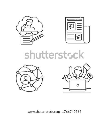 Publication pixel perfect linear icons set. Speech writing. Promotion in newspaper. Global networking. Customizable thin line contour symbols. Isolated vector outline illustrations. Editable stroke