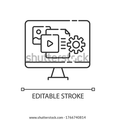 Content manager pixel perfect linear icon. PR strategy. Webpage optimization and update. Thin line customizable illustration. Contour symbol. Vector isolated outline drawing. Editable stroke