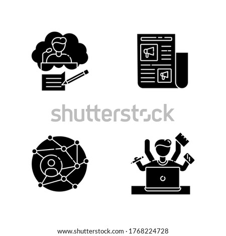 Publication black glyph icons set on white space. Speech writing. Promotion in newspaper. Global networking. Multi tasking employee. Silhouette symbols. Vector isolated illustration