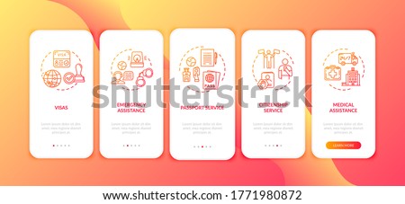 Embassy support onboarding mobile app page screen with concepts. Passport help. Social service walkthrough 5 steps graphic instructions. UI vector template with RGB color illustrations