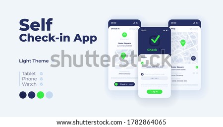 Self check in app cartoon smartphone interface vector templates set. Mobile app screen page light mode design. Sign in form and GPS maps UI for application. Phone display with flat illustrations