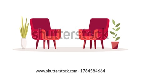 Red opposing chairs semi flat RGB color vector illustration. Two armchairs for psychological consultation. Comfortable home interior. Office furniture isolated cartoon object on white background