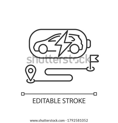 Battery range linear icon. Electric vehicle max travel distance thin line customizable illustration. Contour symbol. Modern EV and route vector isolated outline drawing. Editable stroke