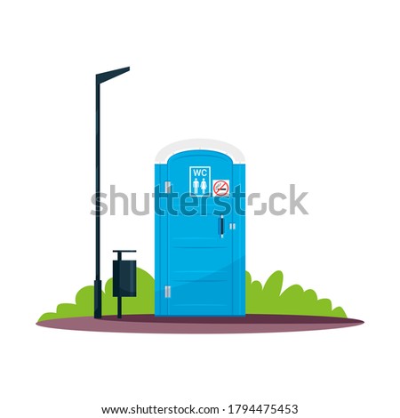 Public WC with no smoking sign semi flat RGB color vector illustration. Blue movable chemical toilet. Unisex. Public convenience facilities. Isolated cartoon object on white background