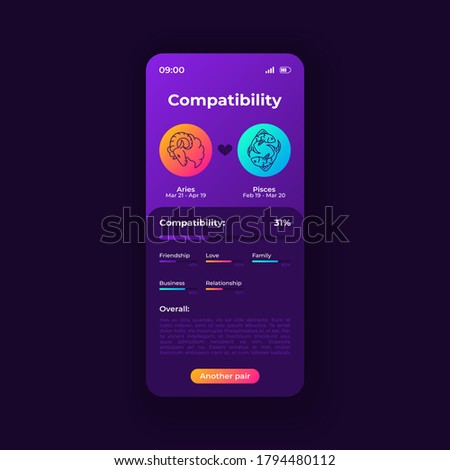 Zodiac signs compatibility app smartphone interface vector template. Mobile app page night mode design layout. Horoscope match screen. Flat UI for application. Aries and pisces signs on phone display