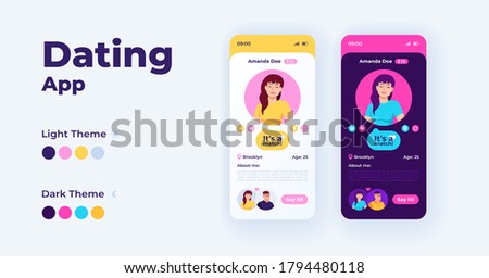 Dating app smartphone interface vector templates set. Mobile page light and dark theme design layout. Flat UI for online chatting application screen. Matchmaking and communication. Phone display