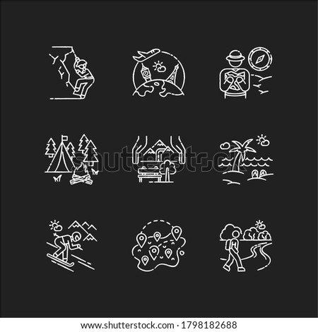 Rest and travel chalk white icons set on black background. Types of tourism, vacation activities. Holiday adventure, seasonal trip. Active recreation. Isolated vector chalkboard illustrations