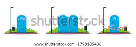 Portable public toilets semi flat RGB color vector illustration. Outdoor convenience, restroom. Separated mobile lavatories. Closed wc. Isolated cartoon objects on white background