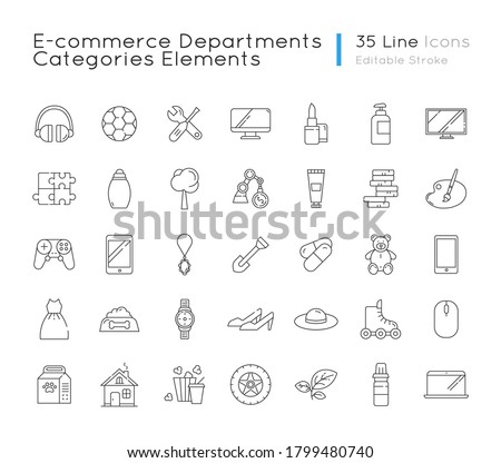 E commerce departments linear icons set. Electronic devices. Personal beauty and health care products. Customizable thin line contour symbols. Isolated vector outline illustrations. Editable stroke