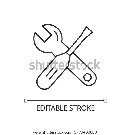 Tools linear icon. Wrench and screwdriver for handyman. Instrument for mechanic service. Thin line customizable illustration. Contour symbol. Vector isolated outline drawing. Editable stroke