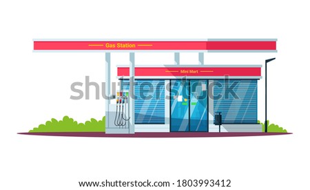 Gas filling station with mini mart semi flat RGB color vector illustration. Diesel, gasoline, gas fuel. Self servicing. Convenience store. Isolated cartoon objects on white background