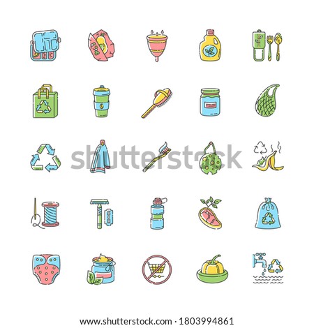 Zero waste RGB color icons set. Eco friendly lifestyle, anticonsumerism. Environment conservation and responsible consumption. Isolated vector illustrations