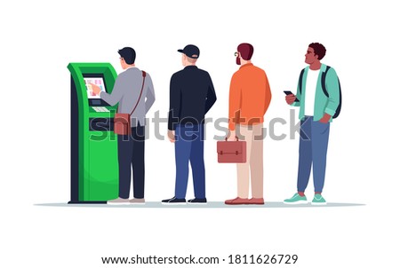 Waiting near ATM semi flat RGB color vector illustration. People queue to pay with terminal. Withdraw cash from kiosk. Bank customers isolated cartoon character on white background