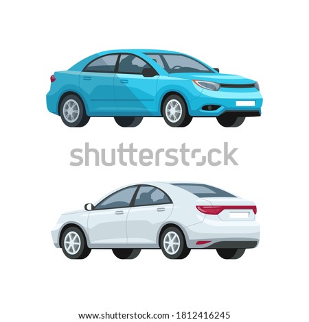 Elegant cars semi flat RGB color vector illustrations set. Luxury gray and blue automobiles. New vehicles side, front, back view. Urban transport means isolated cartoon items on white background