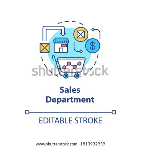 Sales department concept icon. Marketing plans. Commerce research. Merchandise sell. Product management idea thin line illustration. Vector isolated outline RGB color drawing. Editable stroke