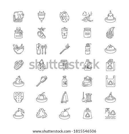 Anticonsumerism linear icons set. Zero waste policy and sustainable lifestyle customizable thin line contour symbols. Environment care. Isolated vector outline illustrations. Editable stroke
