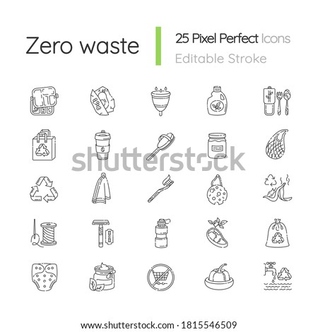 Zero waste linear icons set. Eco friendly lifestyle, anticonsumerism customizable thin line contour symbols. Responsible consumption. Isolated vector outline illustrations. Editable stroke