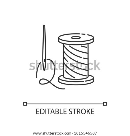 Repairing clothing linear icon. Sewing studio, professional needlework, atelier thin line customizable illustration. Contour symbol. Needle and thread vector isolated outline drawing. Editable stroke