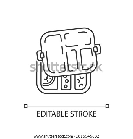 Reusable lunch box linear icon. Convenient food container. Zero waste, lunch break thin line customizable illustration. Contour symbol. Vector isolated outline drawing. Editable stroke