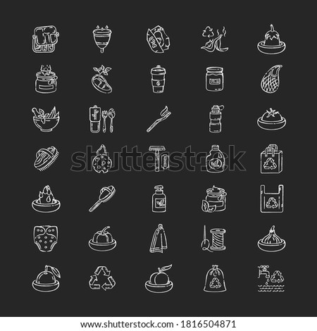 Anticonsumerism chalk white icons set on black background. Zero waste policy and sustainable lifestyle. Eco friendly products and tips. Environment care. Isolated vector chalkboard illustrations