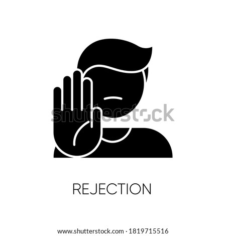 Rejection black glyph icon. Negative response, denial, offer refusal. Forbiddance, displeasure and disapproval silhouette symbol on white space. Person show stop gesture vector isolated illustration