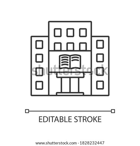 Library pixel perfect linear icon. University, college library. Bookstore. Educational building. Thin line customizable illustration. Contour symbol. Vector isolated outline drawing. Editable stroke