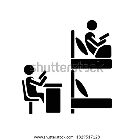 Roommates black glyph icon. Flatmates studying in dormitory room. University students sharing common room, bunk bed. Silhouette symbol on white space. Vector isolated illustration