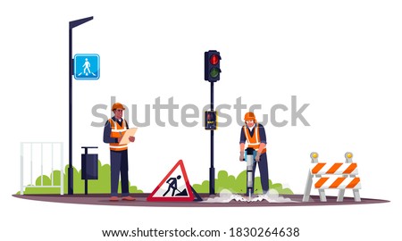 Road workers semi flat RGB color vector illustration. Workman drilling concrete with pneumatic hammer. Male road construction worker and foreman isolated cartoon character on white background