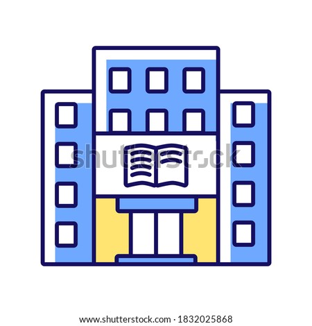 Library RGB color icon. University, college library. Bookstore. Student life. Educational building front. Architecture. Reading halls. Archives. Museum. Isolated vector illustration