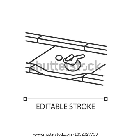 Dropped kerb linear icon. Curb cut. Access between street and sidewalk. Wheelchair user. Driveway. Thin line customizable illustration. Contour symbol. Vector isolated outline drawing. Editable stroke