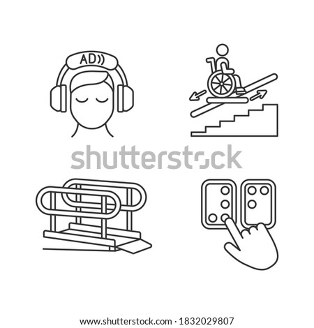 People with disabilities facilities linear icons set. Video description. Wheelchair platforms and stairlifts. Customizable thin line contour symbols. Isolated vector outline illustrations