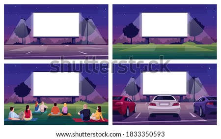 Open air cinema place semi flat vector illustration set. Large blank screen for film projection. Parking lot. Crowd watch movie. Urban movie festival 2D cartoon scenery for commercial use collection