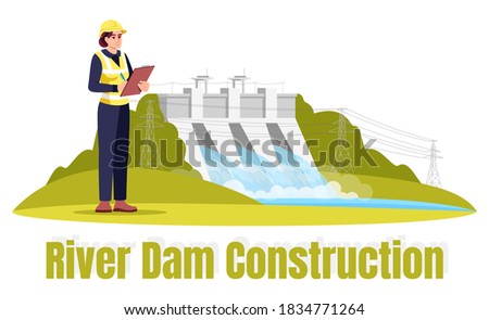 River dam construction semi flat RGB color vector illustration. Ecological engineering. Female ecologist in safety hat isolated cartoon character on white background with typography