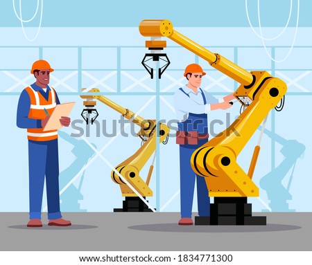 Robotics expert flat vector illustration. Industrial maintenance. Factory equipment. Man repairing automated machine hand. Manufactory male worker in hard hat 2D cartoon characters for commercial use