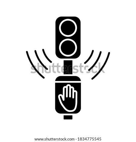 Acoustic traffic lights signals black glyph icon. Audible traffic signal for blind pedestrians. LED crosswalk light. City infrastructure. Silhouette symbol on white space. Vector isolated illustration