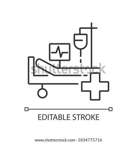 Intensive care linear icon. Critical care medicine. ICU. Hospital ward. Intensive treatment. Thin line customizable illustration. Contour symbol. Vector isolated outline drawing. Editable stroke