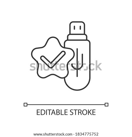 Usb connection check linear icon. Portable flash. Data transfer completed. Download information. Thin line customizable illustration. Contour symbol. Vector isolated outline drawing. Editable stroke
